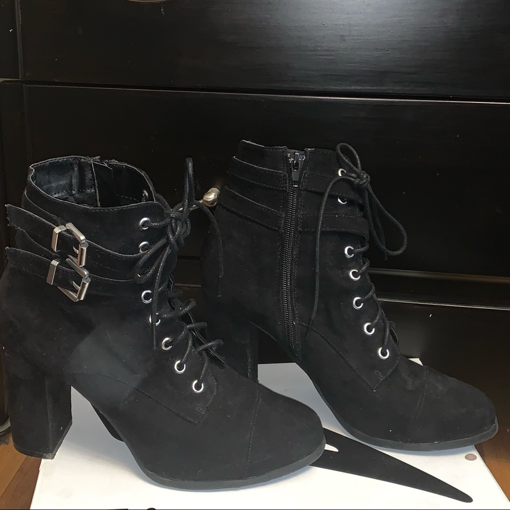 Madden girl black buckle high heel boots